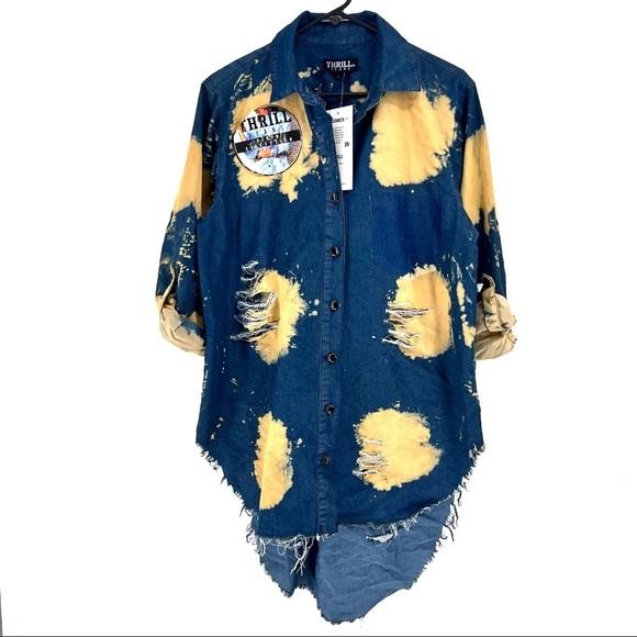 Thrill Jeans Novelty Wash Women's Distressed Hi Low Button Down Shirt - Picture 1 of 5